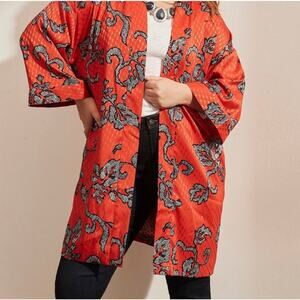 Chico's Orient Bliss Jacquard Kimono Duster in the color Orange Spice-Size 1